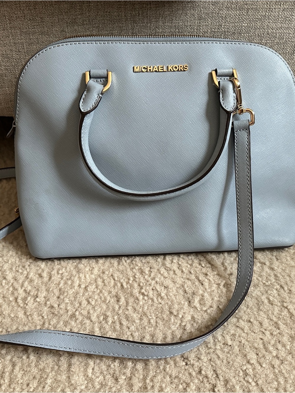 MICHAEL KORS Light Blue Saffiano Dome Satchel with Gold Hardware